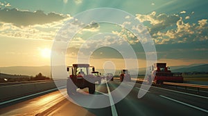 A convoy of tractors with activated lights participating in a rally on a busy urban road.