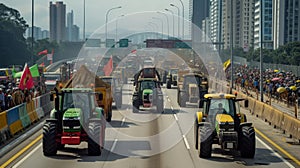 A convoy of tractors with activated lights participating in a rally on a busy urban road.