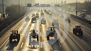 A convoy of tractors with activated lights participating in a rally on a busy urban road.