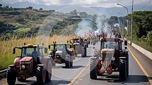 A convoy of tractors with activated lights participating in a rally on a busy urban road.