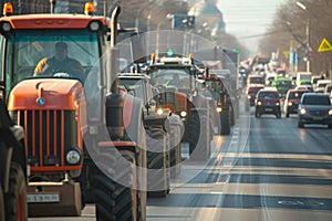 A convoy of tractors on a city street as part of a farmer& x27;s protest for policy changes