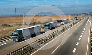 Convoy of transportation trucks in line on a countryside highway