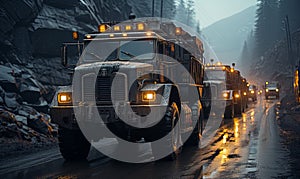 Convoy of Trucks Driving on Wet Road