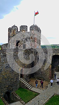 Conway Castle, Wales UK with Welsh Flag