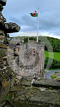 Conway Castle, Wales UK with Welsh Flag