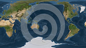 Conway Reef plate - global map. Patterson Cylindrical. Satellite