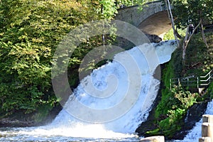 Coo, Belgium - 10 10 2023: Cascade de Coo, bigger stream with the bridge above