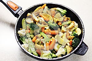 Coocing fresh and healthy vegetablers in a pan vegetarian food