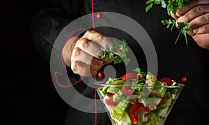 The cook adds fresh parsley to a vitamin salad for lunch. The concept of preparing a vegetarian dish with the hands of a chef