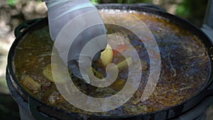 The cook adds spices to the meat soup in a large cauldron on the fire. Slow motion