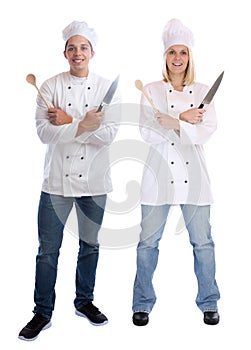 Cook apprentice trainee trainees cooks standing full body cooking with knife job young isolated