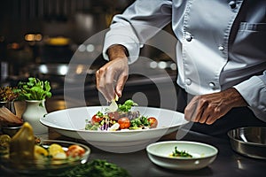 Cook in apron adding some sauce to dish. Cropped chef preparing food, meal, in kitchen, chef cooking, Chef decorating dish,