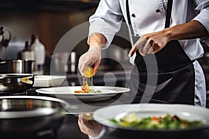 Cook in apron adding some sauce to dish. Cropped chef preparing food, meal, in kitchen, chef cooking, Chef decorating dish,