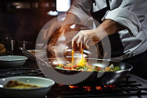 Cook in apron adding some sauce to dish. Cropped chef preparing food, meal, in kitchen, chef cooking, Chef decorating dish,