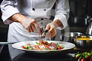 Cook in apron adding some sauce to dish. Cropped chef preparing food, meal, in kitchen, chef cooking, Chef decorating dish,