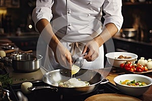 Cook in apron adding some sauce to dish. Cropped chef preparing food, meal, in kitchen, chef cooking, Chef decorating dish,