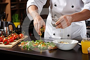 Cook in apron adding some sauce to dish. Cropped chef preparing food, meal, in kitchen, chef cooking, Chef decorating dish,