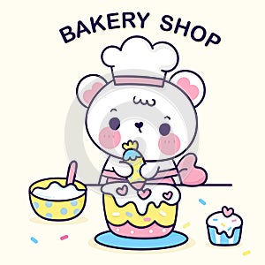 Cook Bear cartoon clipart fun cub animal decorate birthday cake for party cute vector kawaii character