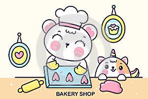 Cook Bear cartoon clipart fun cub animal and unicorn cat bake cookie for birthday party cute vector kawaii character