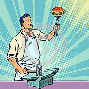 Cook blacksmith forges a Burger on the anvil