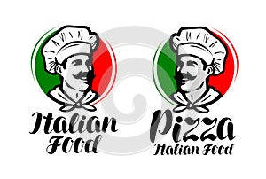 Cook, chef logo. Italian food, pizza symbol or label. Vector illustration typographic design