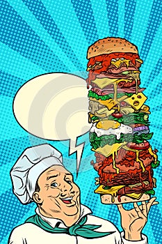 Cook Chef man presentation gesture. big mega Burger