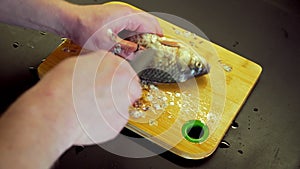 The cook cleans crucian carp on a wooden board.
