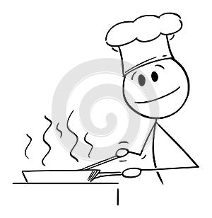 Cook Cooking Food in Frying Pan, Vector Cartoon Stick Figure Illustration