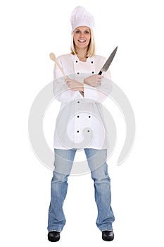 Cook cooking with knife job young full body isolated photo