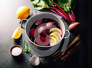The cook cooks red beets in a saucepan