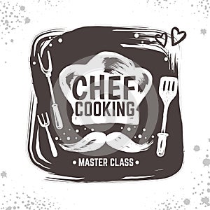 Cook doodle logo. Restaurant sketch poster, food black badge with kitchen tools and elements. Vector typography hand photo