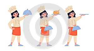 Cook with empty serving tray and roasted chicken. Cute girl in chef costume holding plate with dinner. Teen in hat and