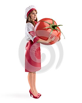 Cook girl chef holding a large tomato on isolated background