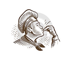 Cook gourmet logo. Chef prepares food. Sketch vintage vector illustration