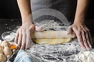 Cook hands kneading dough, sprinkling piece of dough with white wheat flour