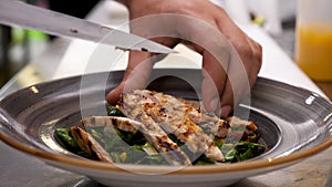 Cook hands placing fresh grilled meat on plate with avocado salad