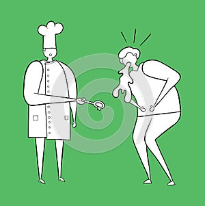 The cook has cooked bad food and the man vomits. Vector illustration