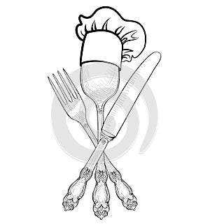 Cook hat over Spoon, Fork, Knife hand drawing sketch label. Cutlery icon collection. Vector Catering outdoor events and