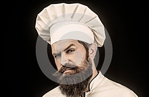 Cook hat. Portrait of a serious chef cook. Bearded chef, cooks or baker. Bearded male chefs isolated on black. Confident