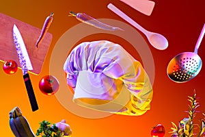 Cook Hat or Toque, Cutlery, Dishware, Kitchenware, Utensils and Food Ingredients on Orange Background. 3d rendering