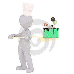 Cook holding cake on shovel
