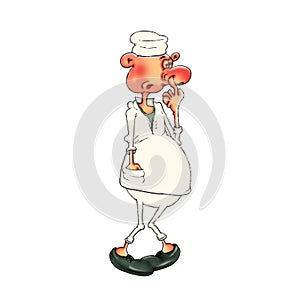 A cook from idleness stands and picks his nose