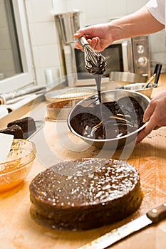 Cook kitchen dripping chocolate sauce for cake