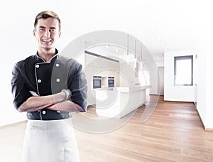 Cook with knifes with kitchen on background, front view. 3D rendering and photo. High resolution.