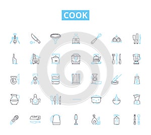 Cook linear icons set. Saute, Grill, Bake, Simmer, Fry, Roast, Stir-fry line vector and concept signs. Charbroil,Poach