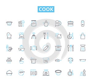 Cook linear icons set. Saute, Grill, Bake, Simmer, Fry, Roast, Stir-fry line vector and concept signs. Charbroil,Poach photo