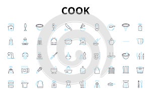 Cook linear icons set. Saute, Grill, Bake, Simmer, Fry, Roast, Stir-fry vector symbols and line concept signs. Charbroil photo