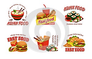 Cook logo, asian wok, sandwich and hamburger, hot dog with sausage, fast food logotype design. Pan chinese restaurant