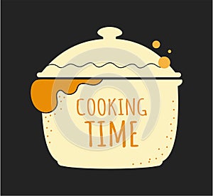 Cook logo. Restaurant kitchen chef emblem. Cooking time. Food preparing pan. Culinary course service sign. Gourmet