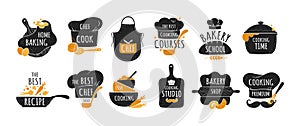 Cook logo. Restaurant kitchen chef emblems, bakery and cookery badges set. Black stickers with lettering and cooker hat